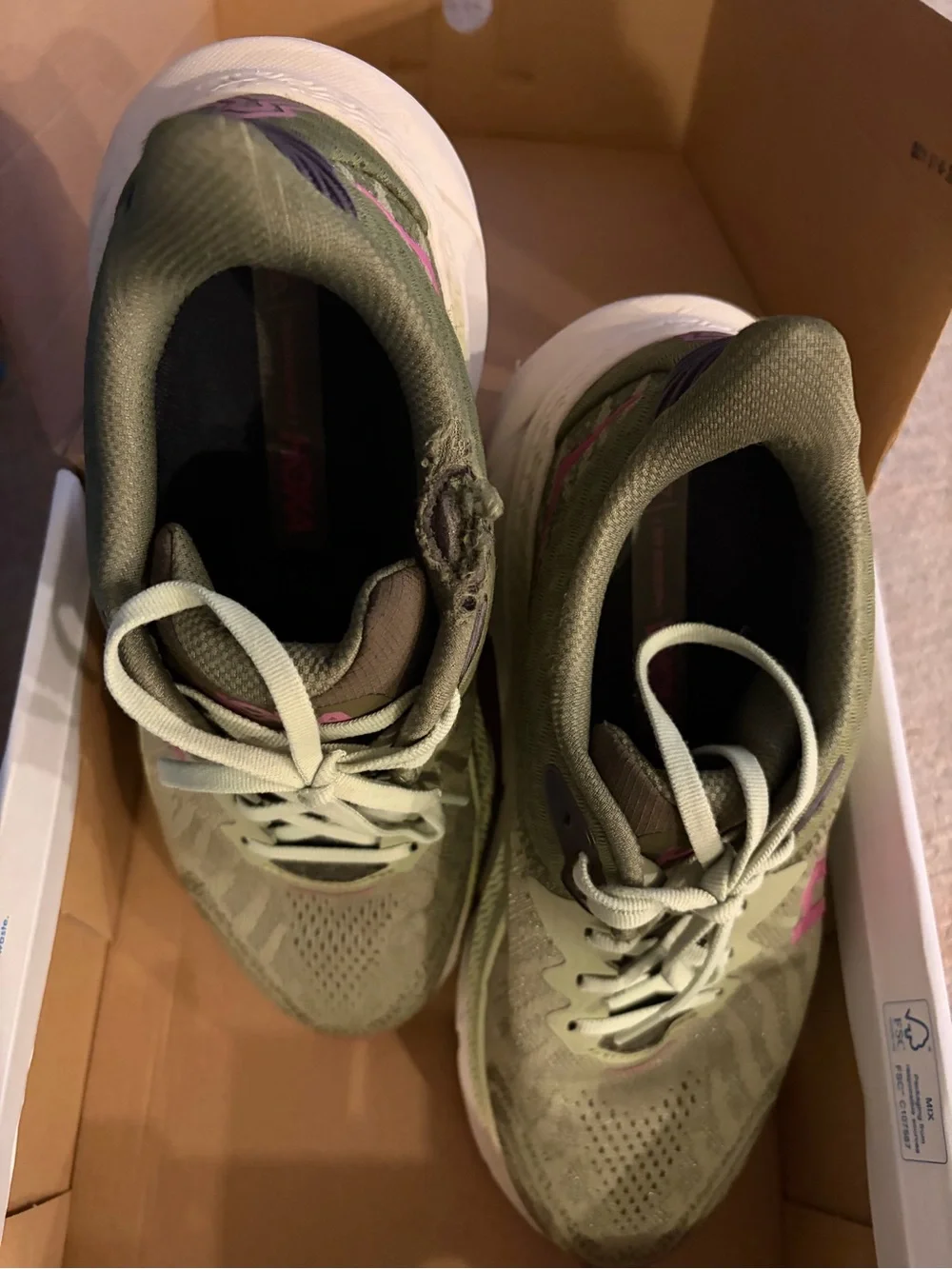 Hoka Olive Green Running Shoes with Pink Logo Accent